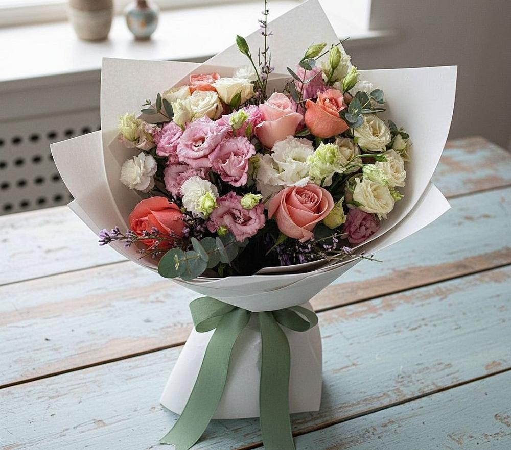 Букет цветов из: Розы, Лизиантусы и Гвоздики в Чкалово