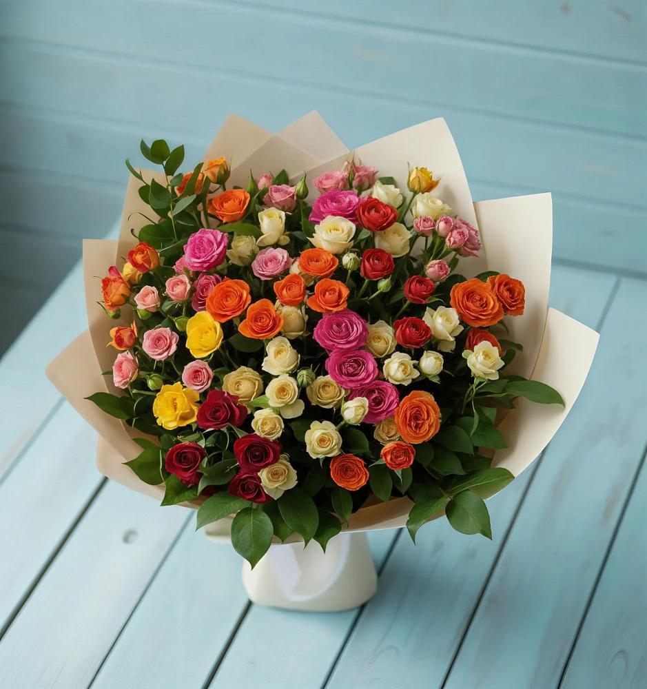 Букет Микс из разноцветных кустовых роз в Чкалово