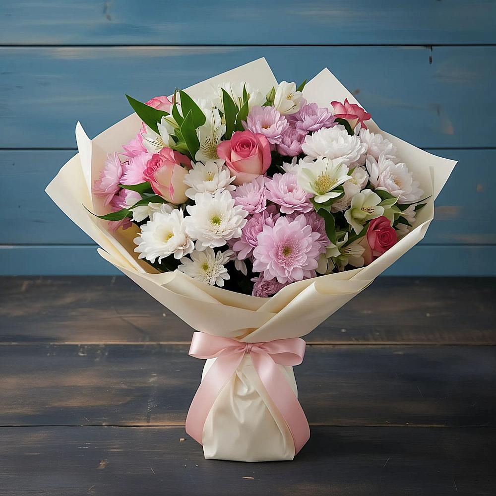 Букет цветов из: Хризантемы, Альстромерии и Розы в Чкалово